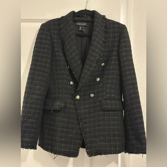 NWOT black tweed double breasted frayed blazer with silver thread